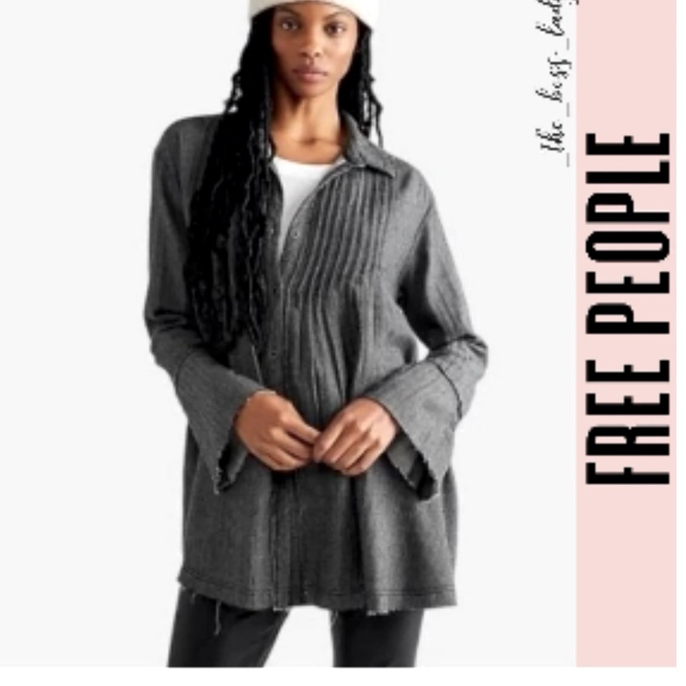 Free People/ We the Free Black/grey Jean Tunic button down with distressed seems